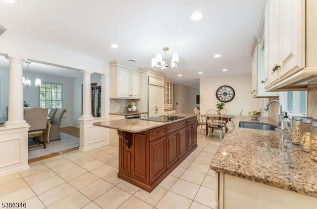 1 Craig Rd, Clinton Twp, NJ 08801 - kitchen with a chandelier, black electric cooktop, light tile patterned flooring, and recessed lighting