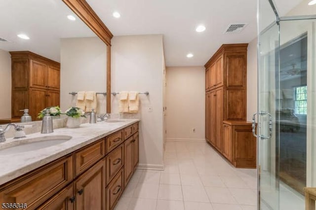 1 Craig Rd, Clinton Twp, NJ 08801 - bathroom with double vanity, recessed lighting, tile patterned floors, and an enclosed shower