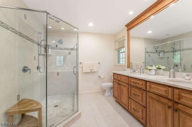 1 Craig Rd, Clinton Twp, NJ 08801 - full bath with double vanity, a stall shower, recessed lighting, and tile patterned floors