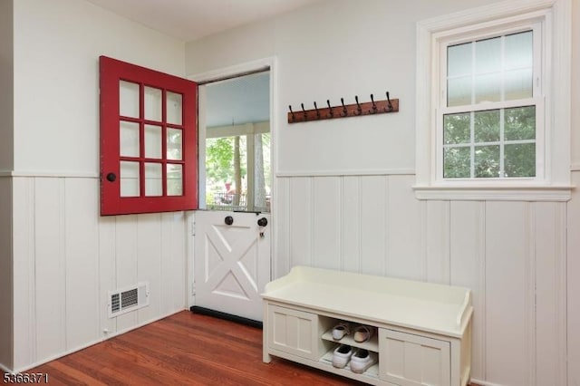 924 Maurice Ave, Rahway City, NJ 07065 - mudroom featuring a decorative wall, a wainscoted wall, and dark wood-style flooring