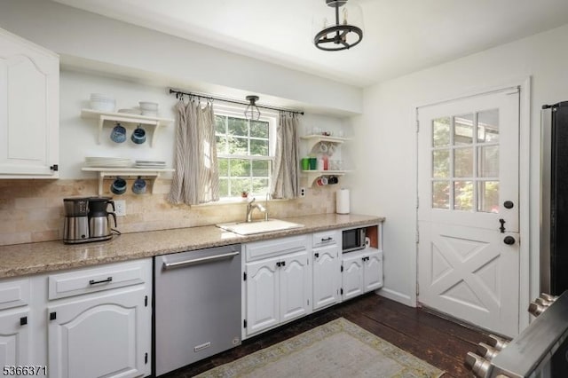924 Maurice Ave, Rahway City, NJ 07065 - kitchen with appliances with stainless steel finishes, open shelves, white cabinets, tasteful backsplash, and dark wood finished floors