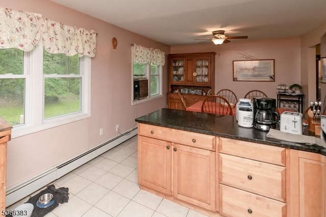 8 Ridge Rd, Independence Twp, NJ 07840 - kitchen with a baseboard radiator, light brown cabinets, a ceiling fan, and dark countertops