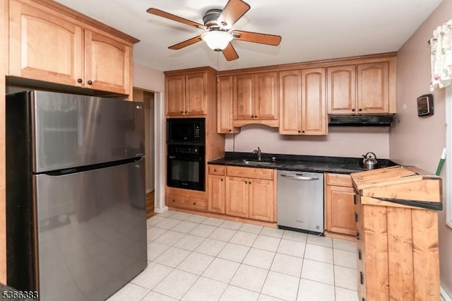 8 Ridge Rd, Independence Twp, NJ 07840 - kitchen with black appliances, under cabinet range hood, ceiling fan, dark countertops, and light tile patterned floors