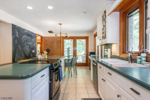 69 Mount Pleasant Rd, Knowlton Twp, NJ 07832 - kitchen featuring black electric range, dark countertops, white cabinetry, recessed lighting, and light tile patterned floors