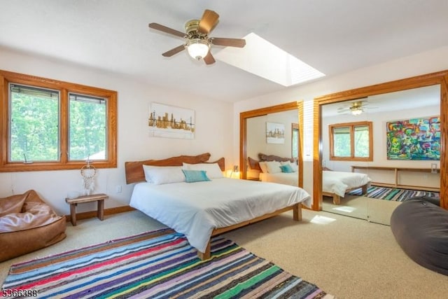 69 Mount Pleasant Rd, Knowlton Twp, NJ 07832 - carpeted bedroom with multiple windows, a skylight, a ceiling fan, and multiple closets