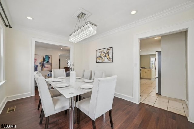 980 Moessner Ave, Union Twp, NJ 07083 - dining space with ornamental molding, wood finished floors, a chandelier, and recessed lighting