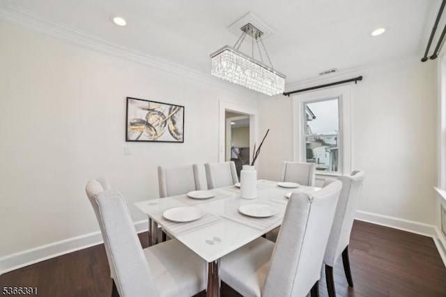 980 Moessner Ave, Union Twp, NJ 07083 - dining space with ornamental molding, recessed lighting, dark wood-style floors, and a chandelier