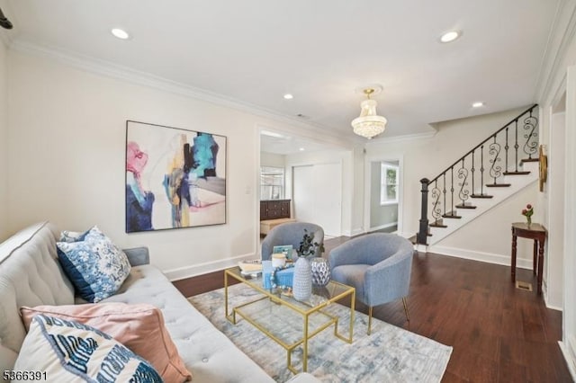 980 Moessner Ave, Union Twp, NJ 07083 - living area with stairs, recessed lighting, crown molding, and wood finished floors
