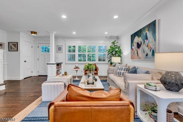 913 Columbus Ave, Westfield Town, NJ 07090 - living room featuring ornate columns, crown molding, wood finished floors, and recessed lighting