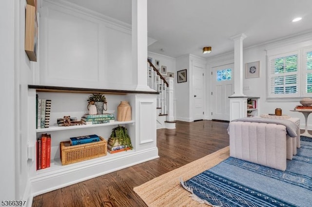 913 Columbus Ave, Westfield Town, NJ 07090 - living room with dark wood-type flooring, ornate columns, stairs, crown molding, and recessed lighting