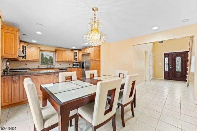 88 San Antonio Ave, Nutley Twp, NJ 07110 - dining room with a chandelier, light tile patterned floors, and recessed lighting