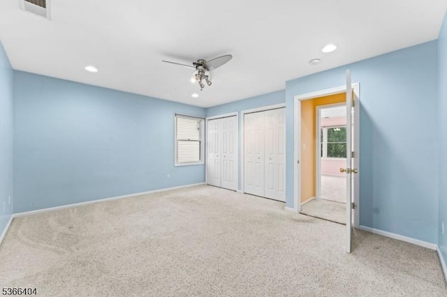 88 San Antonio Ave, Nutley Twp, NJ 07110 - unfurnished bedroom featuring multiple closets, carpet, recessed lighting, and ceiling fan
