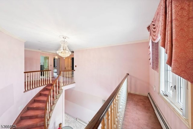 444 Harrison Ave, Lodi Boro, NJ 07644 - staircase with a baseboard heating unit, a chandelier, carpet floors, and crown molding
