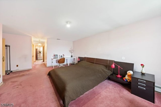 444 Harrison Ave, Lodi Boro, NJ 07644 - bedroom with light colored carpet, a chandelier, and a baseboard radiator