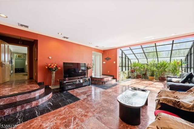 444 Harrison Ave, Lodi Boro, NJ 07644 - living room featuring marble tiled flooring, recessed lighting, and ornamental molding
