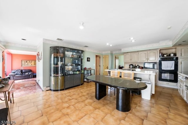444 Harrison Ave, Lodi Boro, NJ 07644 - kitchen with smart refrigerator, light countertops, ornamental molding, a kitchen island, and recessed lighting