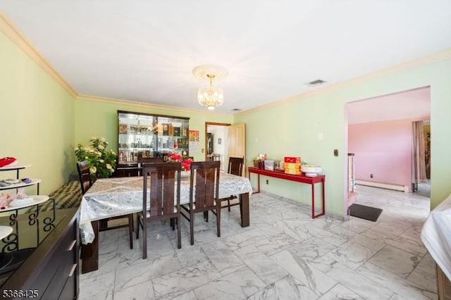 444 Harrison Ave, Lodi Boro, NJ 07644 - dining area with a baseboard heating unit, ornamental molding, a chandelier, and marble look tile flooring