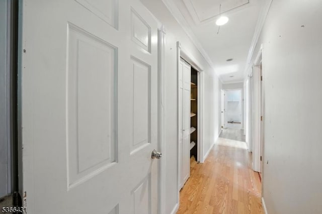 240 Free Union Rd, Liberty Twp, NJ 07838 - corridor with crown molding, attic access, and light wood finished floors