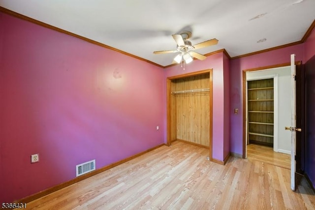240 Free Union Rd, Liberty Twp, NJ 07838 - unfurnished bedroom featuring light wood finished floors, a closet, ornamental molding, and a ceiling fan