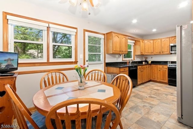 10 Cross Way, New Providence Boro, NJ 07974 - kitchen featuring stainless steel appliances, plenty of natural light, ceiling fan, recessed lighting, and dark countertops