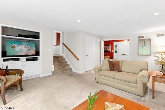 10 Cross Way, New Providence Boro, NJ 07974 - living room featuring stairs, light colored carpet, and recessed lighting