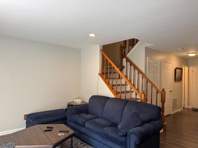 337 Smithwold Rd, Franklin Twp, NJ 08873 - living room featuring stairs, dark wood finished floors, and recessed lighting