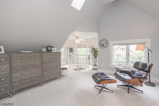 151 N Union St Unit 6, Lambertville City, NJ 08530 - sitting room featuring carpet floors, a skylight, ceiling fan, and high vaulted ceiling