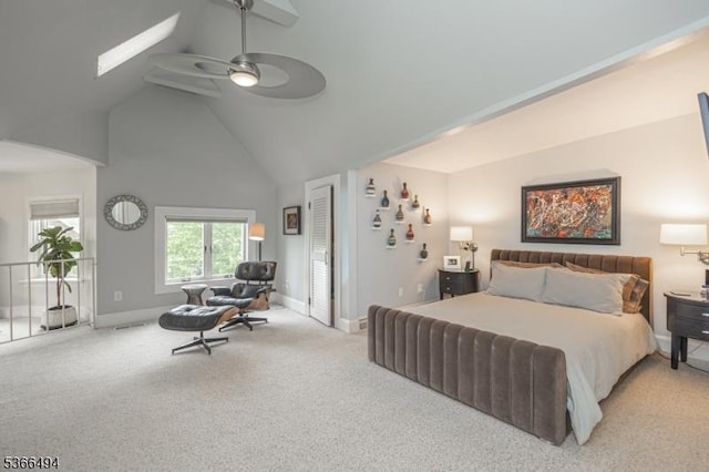 151 N Union St Unit 6, Lambertville City, NJ 08530 - carpeted bedroom with high vaulted ceiling, ceiling fan, and a skylight