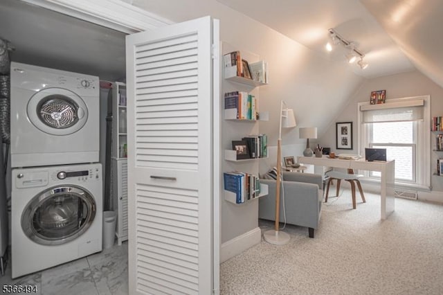 151 N Union St Unit 6, Lambertville City, NJ 08530 - laundry area featuring estacked washer and dryer, an office area, and rail lighting