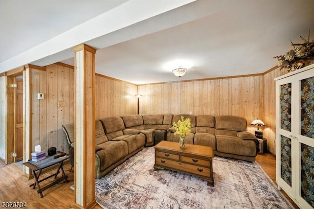 54 Pine Ln, West Milford Twp, NJ 07480 - living area featuring wood walls, wood finished floors, and ornamental molding
