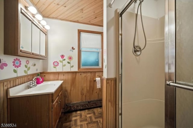 54 Pine Ln, West Milford Twp, NJ 07480 - full bath with a wainscoted wall, vanity, a stall shower, wooden ceiling, and wooden walls