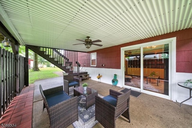 54 Pine Ln, West Milford Twp, NJ 07480 - view of patio / terrace with stairs, a ceiling fan, and an outdoor hangout area