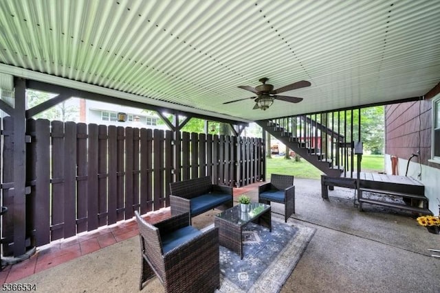 54 Pine Ln, West Milford Twp, NJ 07480 - view of patio featuring stairway, a ceiling fan, and an outdoor hangout area