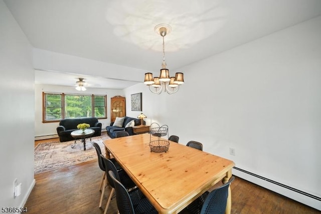 54 Pine Ln, West Milford Twp, NJ 07480 - dining space with a baseboard heating unit, a chandelier, and dark wood-style floors