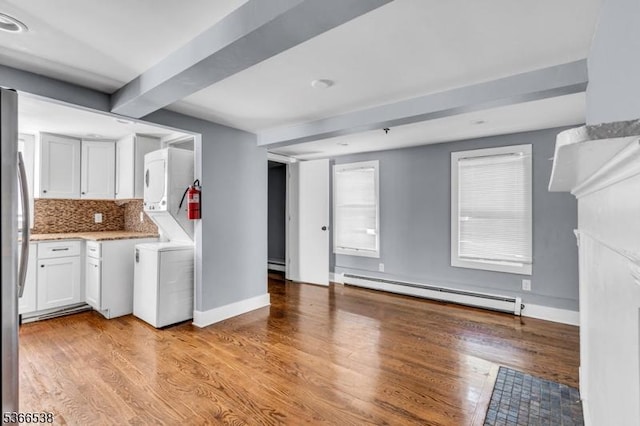 853 Westfield Ave, Rahway City, NJ 07065 - kitchen featuring a baseboard radiator, white cabinetry, light wood finished floors, tasteful backsplash, and beam ceiling