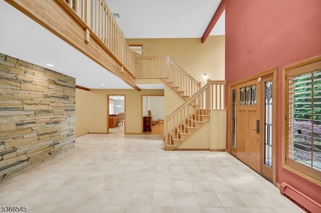 86 Underrock Rd, Sparta Twp, NJ 07871 - foyer entrance featuring baseboard heating, a high ceiling, and stairway