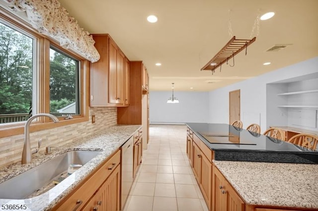 86 Underrock Rd, Sparta Twp, NJ 07871 - kitchen featuring black electric stovetop, light tile patterned floors, dishwasher, backsplash, and a kitchen island