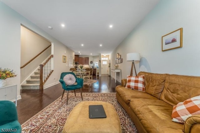 7 Harrier Ln, Washington Twp, NJ 07882 - living room with dark wood-style flooring, recessed lighting, and stairway