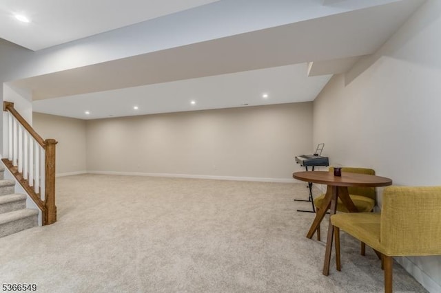 7 Harrier Ln, Washington Twp, NJ 07882 - finished below grade area featuring light colored carpet, stairway, and recessed lighting
