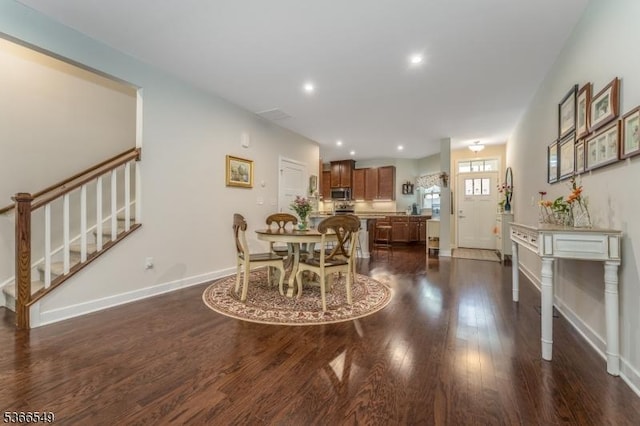 7 Harrier Ln, Washington Twp, NJ 07882 - dining room with stairway, dark wood-style flooring, and recessed lighting
