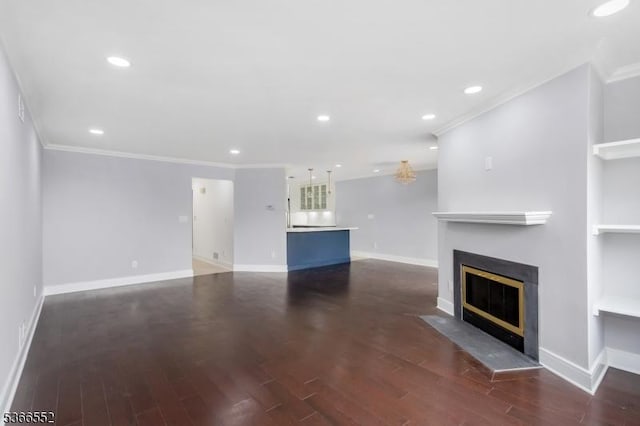 604 Skyline Dr Unit 604, Haledon Boro, NJ 07508 - unfurnished living room featuring crown molding, a fireplace with flush hearth, wood finished floors, and recessed lighting