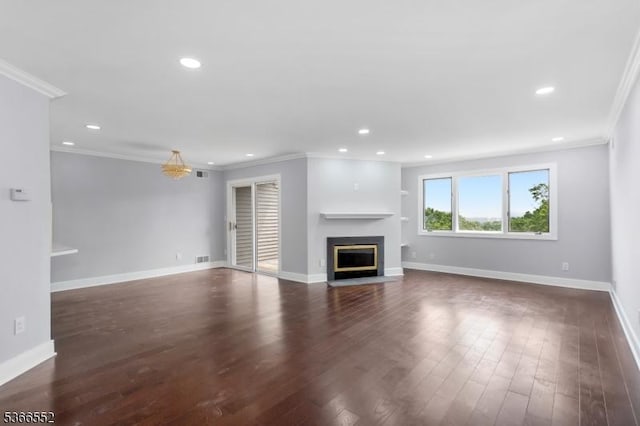 604 Skyline Dr Unit 604, Haledon Boro, NJ 07508 - unfurnished living room featuring a fireplace with flush hearth, ornamental molding, dark wood-type flooring, and recessed lighting