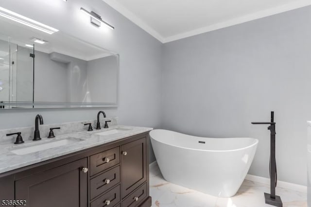 604 Skyline Dr Unit 604, Haledon Boro, NJ 07508 - full bathroom with marble finish floors, a freestanding bath, double vanity, a stall shower, and ornamental molding