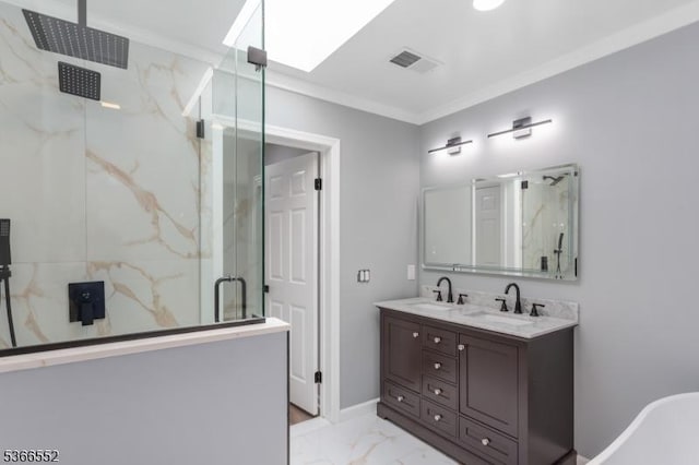 604 Skyline Dr Unit 604, Haledon Boro, NJ 07508 - bathroom with a marble finish shower, marble finish flooring, double vanity, crown molding, and a skylight