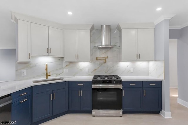 604 Skyline Dr Unit 604, Haledon Boro, NJ 07508 - kitchen featuring gas range oven, wall chimney exhaust hood, white cabinetry, dishwasher, and blue cabinets
