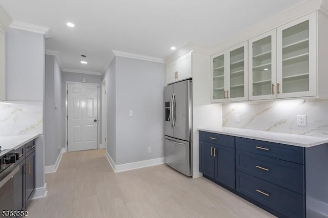 604 Skyline Dr Unit 604, Haledon Boro, NJ 07508 - kitchen featuring stainless steel fridge with ice dispenser, decorative backsplash, crown molding, white cabinets, and light stone counters