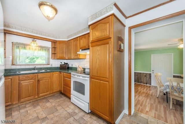 21 Benton Rd, Blairstown Twp, NJ 07832 - kitchen featuring white range with electric cooktop, exhaust hood, dark countertops, backsplash, and a wainscoted wall