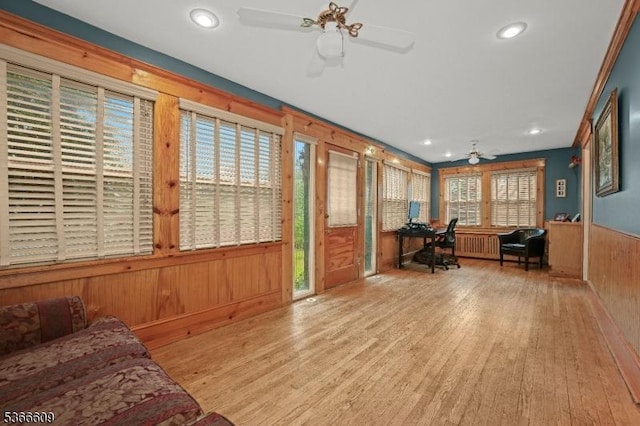 169 Knoll Rd, Parsippany-Troy Hills Twp, NJ 07005 - office space with ceiling fan, wood walls, wood finished floors, wainscoting, and recessed lighting