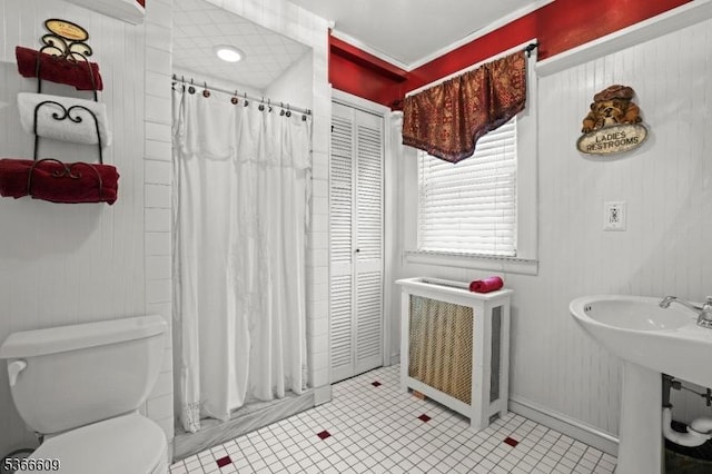 169 Knoll Rd, Parsippany-Troy Hills Twp, NJ 07005 - bathroom featuring radiator, tile patterned floors, and a shower with shower curtain