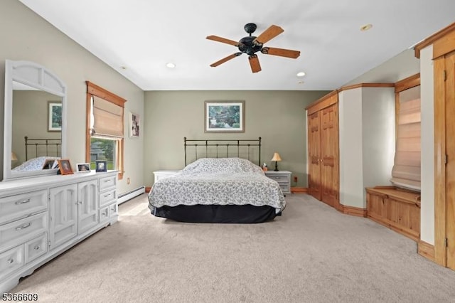 169 Knoll Rd, Parsippany-Troy Hills Twp, NJ 07005 - bedroom featuring light colored carpet, a baseboard radiator, recessed lighting, and ceiling fan